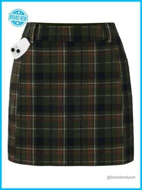 Plaid Mini Skort with Shorts Underneath High Waist Pencil Skirt Pockets